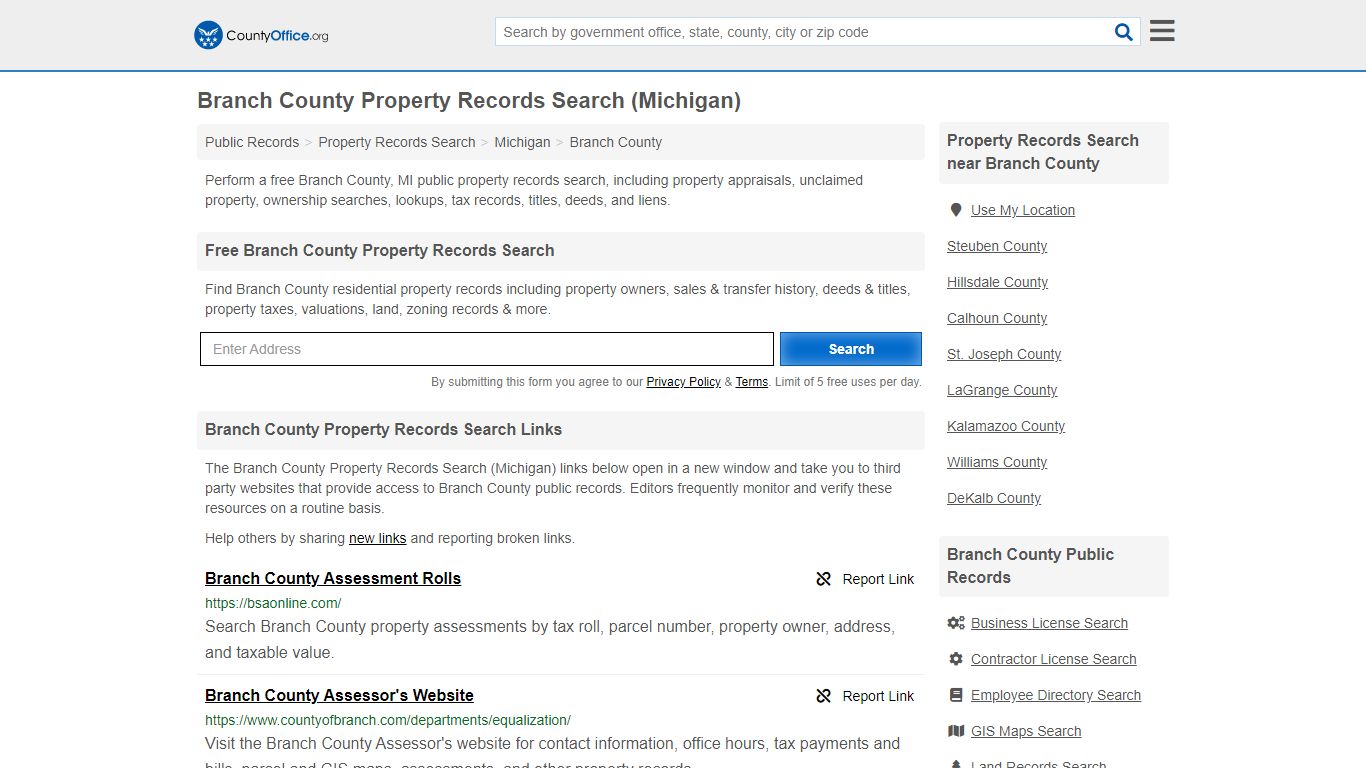 Property Records Search - Branch County, MI (Assessments ...